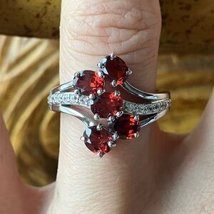 Natural Red Garnet Sterling Silver Cluster Ring Size 7